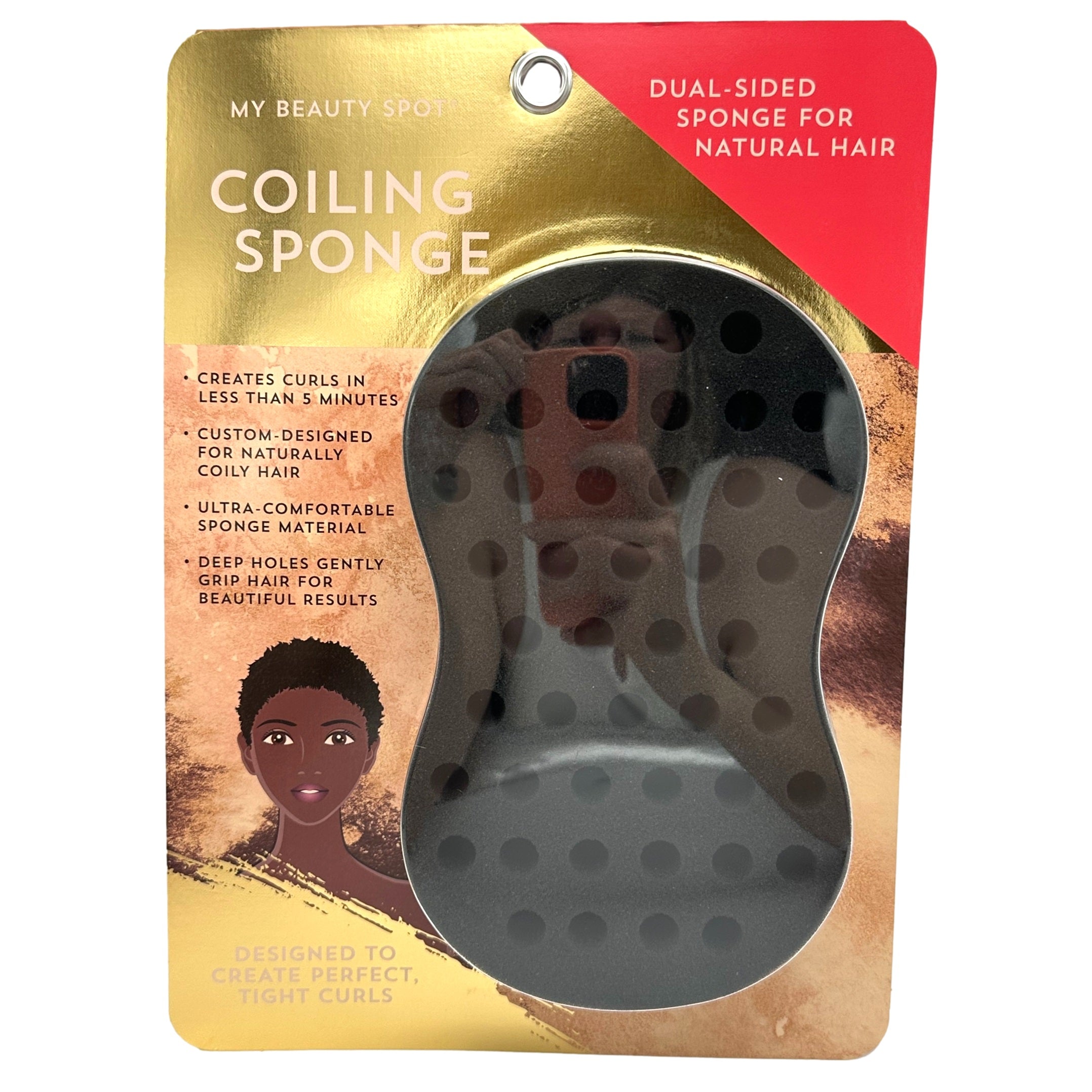 A coiling sponge in packaging with gold and red accents.